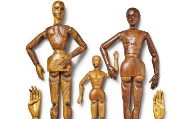 Three Assorted French Artists Wooden Joined Mannequins Together with Two Models of Hands, Late 19th Century