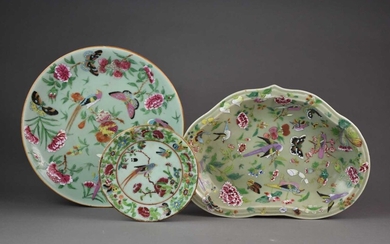 Three Chinese celadon famille rose dessert dishes