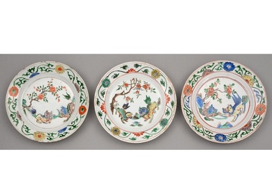 Three Chinese famille verte plates, Kangxi period, enamelled...