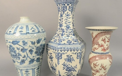 Three Chinese porcelain vases, large blue and white
