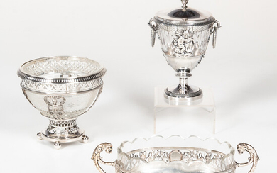 Three French Silver and Glass Service Dishes