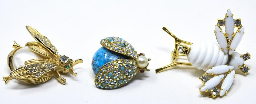 Three Vintage Costume Jewelry Insect Brooch / Pins