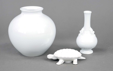 Three pieces KPM Berlin, white, spherical vase, mark 1992-2000, 1st choice, h. 13 cm, bottle vase