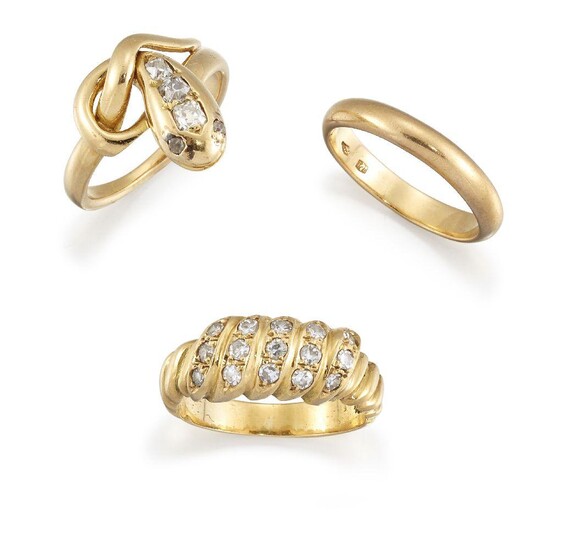 Three rings, comprising: one of serpent design, the old-cut diamond...