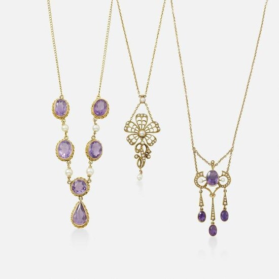 Three seed pearl, amethyst, and gold necklaces