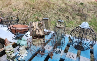 Three small garden gnome's and a collection of old metal bir...