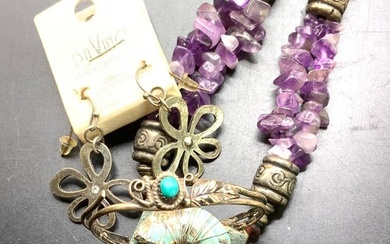 Tibetan Necklace, Sterling Bracelet, Earrings 3pcs