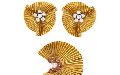 Tiffany & Co. Pair of Gold and Diamond Earclips and Ruby and Diamond Clip-Brooch