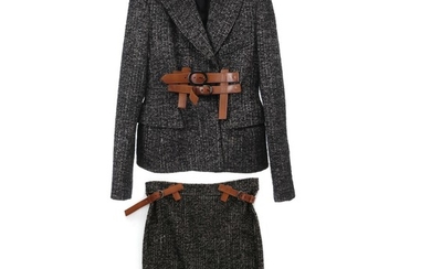 Tom Ford: A set of blazer and pencil skirt of thick wool blend with black silk lining and with detachable brown leather straps. Size 44 (IT) (2)