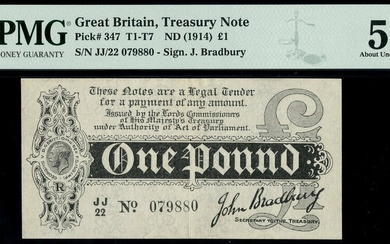 Treasury Series, John Bradbury, first issue £1, ND (7 August 1914), serial number JJ/22 079880,...