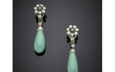 Turquoise and diamond white gold pendant earclips, g 11.56, length cm 4.70 circa.Read more