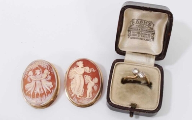 Two 9ct gold mounted carved shell cameo brooches and 9ct gold ring
