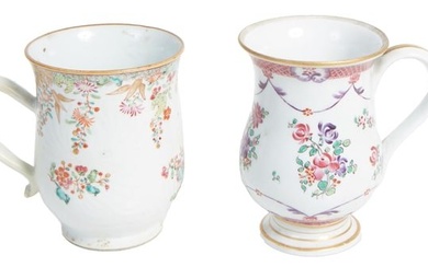 Two Chinese Porcelain Famille Rose Tankards, 19th c., H.- 5 in., W.- 4 3/4 in, D.- 3 1/4 in. (2
