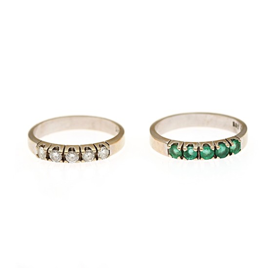 Two rings respectivery set with five brilliant-cut diamonds and five circular-cut emeralds, mounted in 14k gold. Size 54.