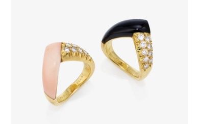 Two rings with brilliant-cut diamonds, angel skin coral and onyx - Paris, dated 1976, VAN CLEEF & AR
