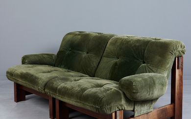 Two-seater/sofa, suede, beech, 1970s.