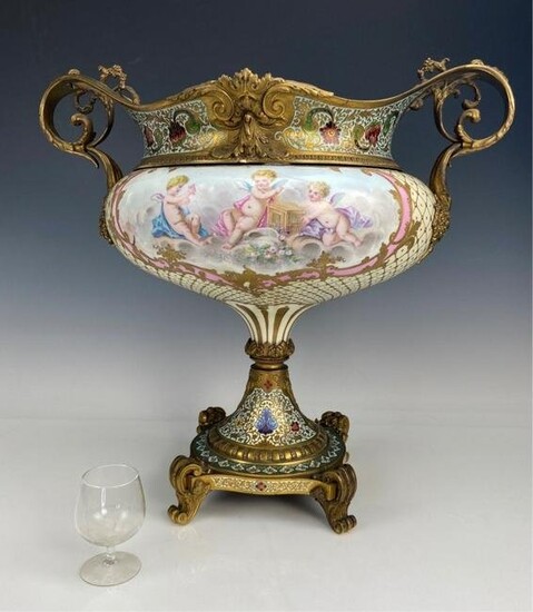 VERY LARGE FRENCH CHAMPLEVE ENAMEL & SEVRES CENTERPIECE