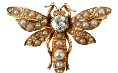 VICTORIAN 14K YELLOW GOLD, DIAMOND AND PEARL INSECT BROOCH