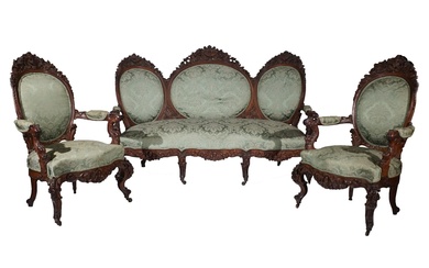 Victorian Rococo Revival Walnut Green Damask Upholstered Three-Piece Parlor Set, Probably New York, 1855 - 1860