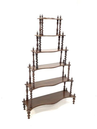Victorian mahogany serpentine front waterfall whatnot, six tiers each...