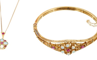 Victorian style ruby and opal hinged bangle with a floral cluster and filigree design, in 9ct gold setting, together with a similar pendant on chain (2)