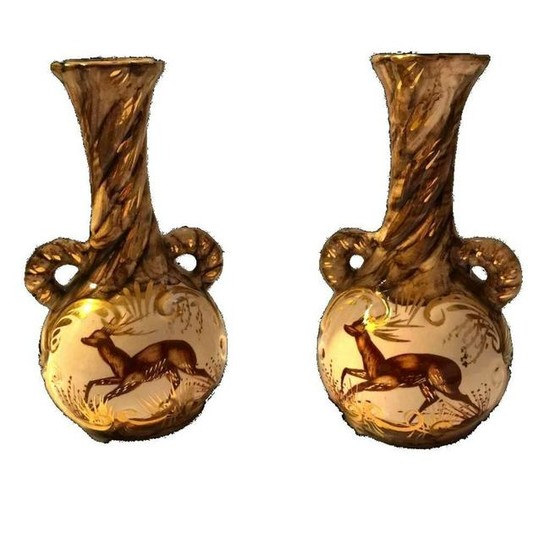 Vintage Pair, Belgian Hand-painted Deer Vases