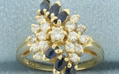 Vintage Sapphire and Diamond Spray Cluster Ring in 14k Yellow Gold