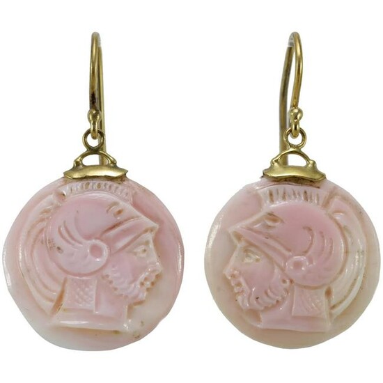 Vintage coral cameos 14K gold earrings