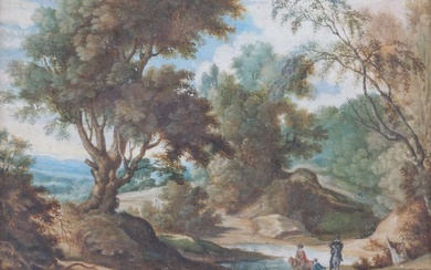 Vlaamse School (17/18de eeuw) , Een bosrijk rivierlandschap met ruiters op een pad