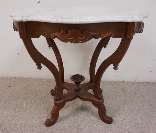 WALNUT VICTORIAN MARBLE TOP TURTLE TOP TABLE