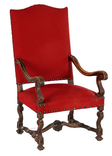 (-), Walnut armchair with red upholstery and beautiful...