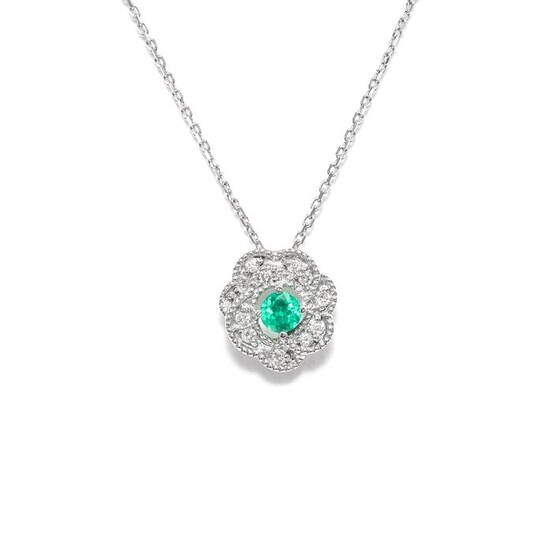 White gold - Necklace with pendant - 0.18 ct Emerald - 0.08 ct Diamonds - No Reserve Price
