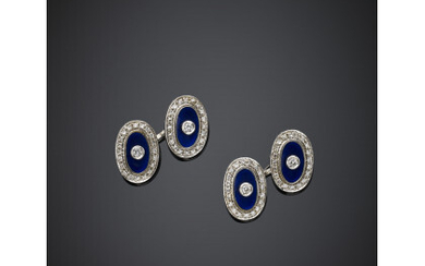 White gold diamond and blue enamel oval cufflinks, g 11.55, diam. cm 1.7x1.1.Read more