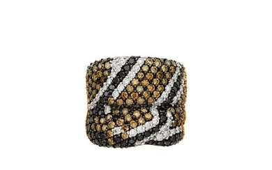 Wide Tricolor Gold, Diamond, Black and Brown Diamond Ring