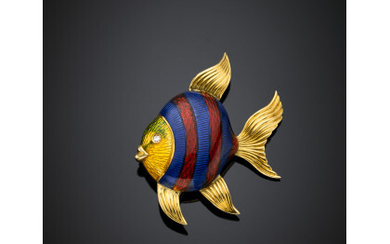 Yellow gold multi-colour enamel fish brooch, g 7.21, length cm 3.50, width cm 3.70 circa. Marked 28 AL.Read more