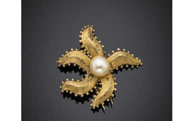 Yellow gold partly chiselled gold starfish brooch with a central button pearl, g 11.65, length cm 4.50 circa.Read more
