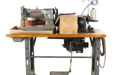 Singer and Consew Industrial Sewing Machines with Upholstery Supplies and Table