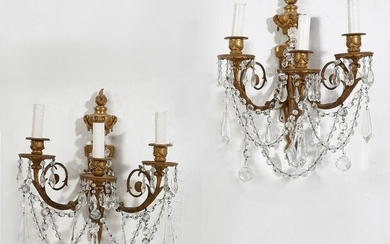 pair of Louis XVI style bronze & glass wall lights