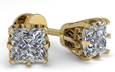 1.0 ctw VS/SI Princess Diamond Stud Earrings Vintage 14k Yellow Gold