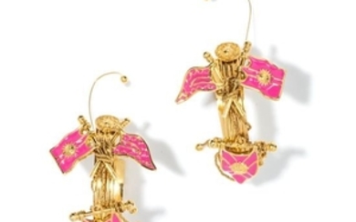 A Pair of Gianni Versace Pink Enamel Flag Oversized Earclips