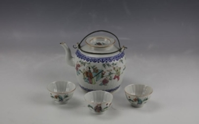A Group of Famille Porcelain Tea Pot and Tea Cups