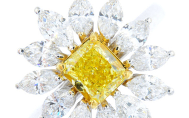 A 'yellow' diamond and diamond floral cluster ring.