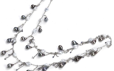 Hartmann's: A pearl and diamond necklace with cultured Tahiti and freshwater pearls, brilliant-cut diamonds and circular-cut sapphires, in 18k white gold.