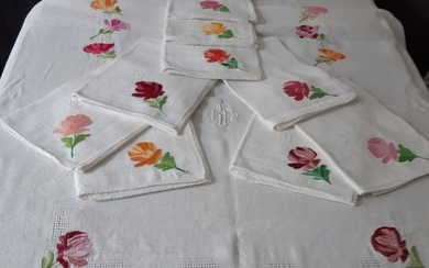 (13) Tablecloth and napkins with flower embroidery - Tablecloth - 155 cm - 220 cm