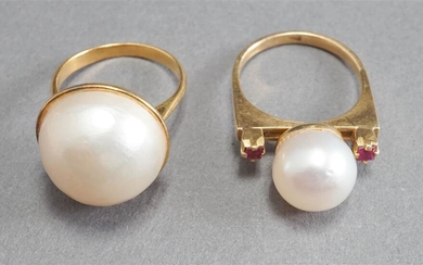 14-Karat Yellow-Gold, Pearl and Ruby Ring and 14-Karat Yellow-Gold Pearl Ring (Sizes: 6-1/4 and 6-1/2), 8.6 gross dwt