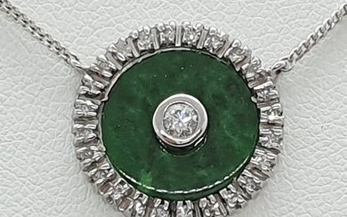 14 kt. White gold - Necklace with pendant - 0.10 ct Jade - Diamonds