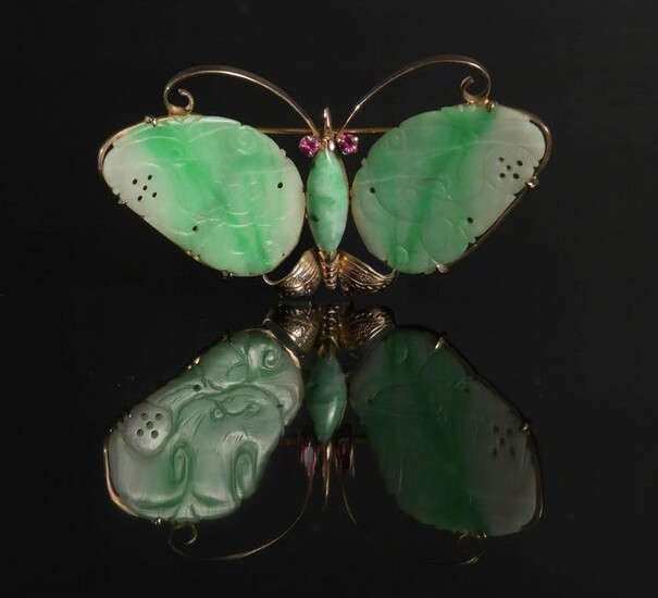 14K Gold and Jade Butterfly Brooch, Sapphire Eyes