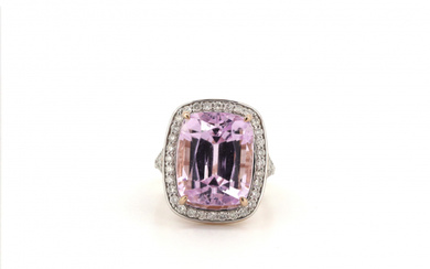 14K Rose Gold, Kunzite and Diamond, Halo Ring. The centre...