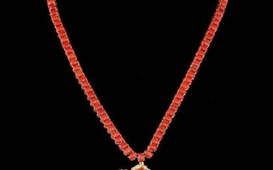 14K Yellow Gold 56.35ct Coral and 5.38ct Diamond Necklace