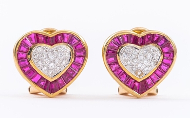 14K Yellow Gold Ruby & Diamond Heart Earrings
